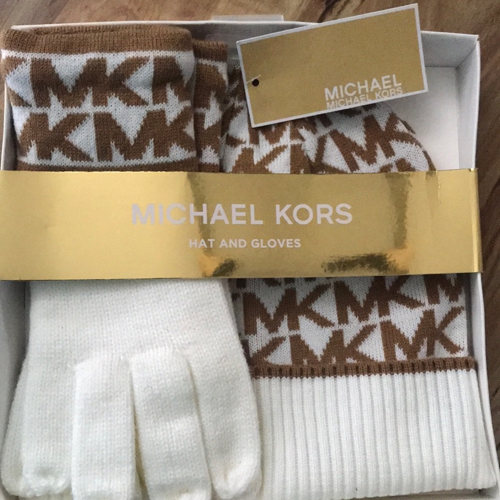Michael Kors White and Brown Hat and Gloves Set